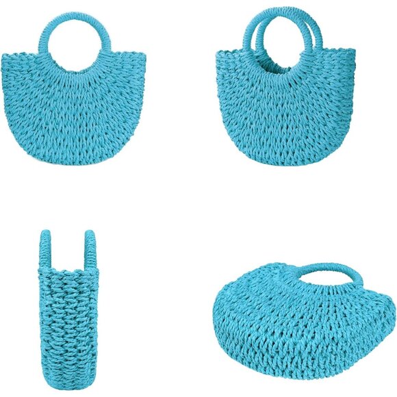 Woven Straw Beach Bag for Womem Top Handle Blue Crossbody and Shoulder Strap - Picture 3 of 6